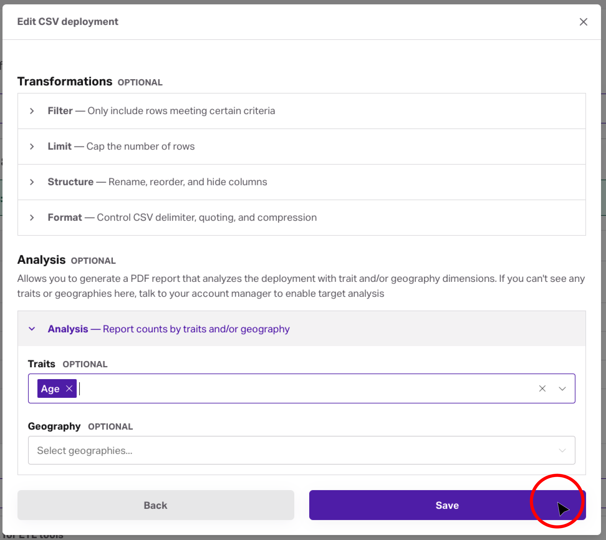 Save new selections to generate report