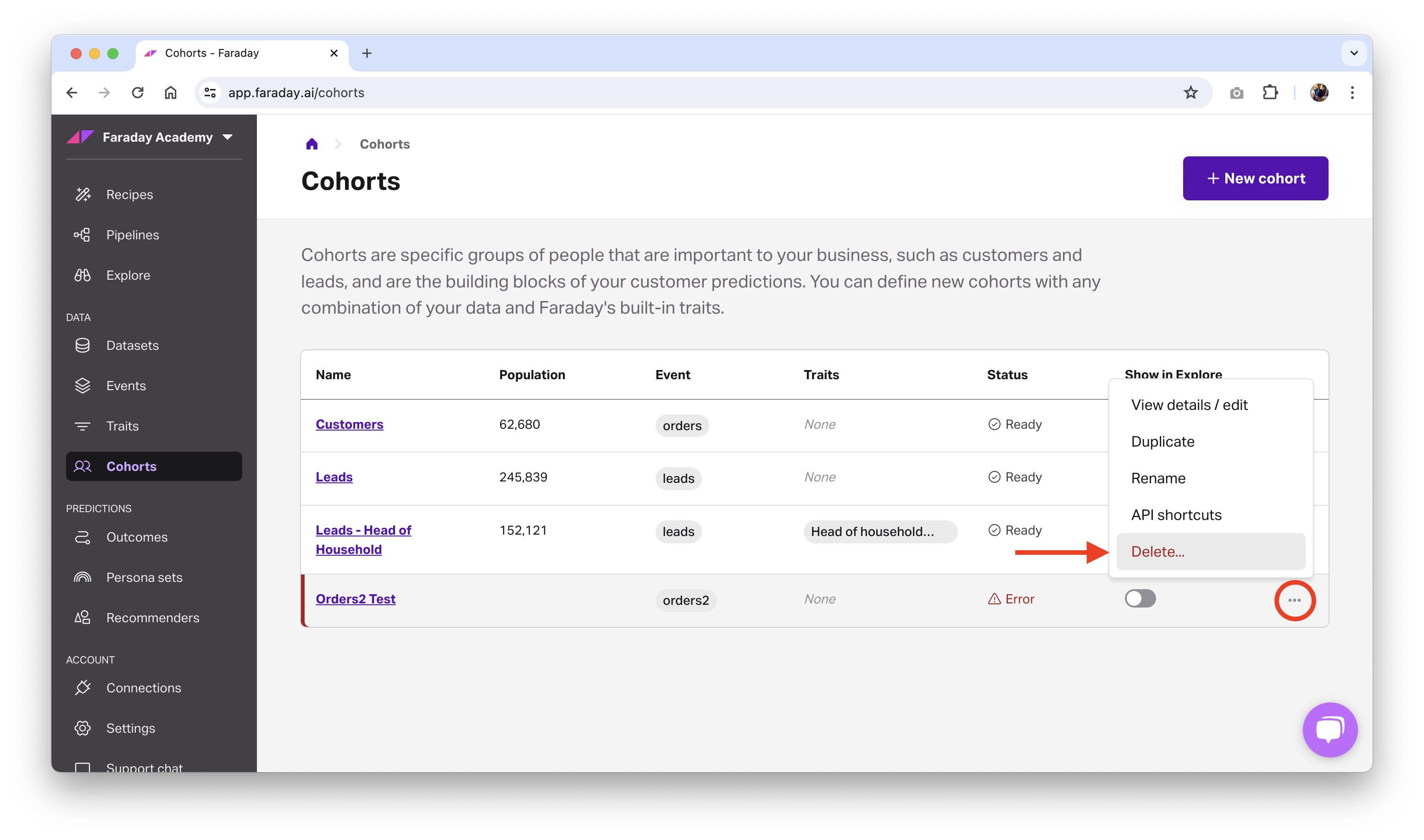 Screenshot of deleting a cohort