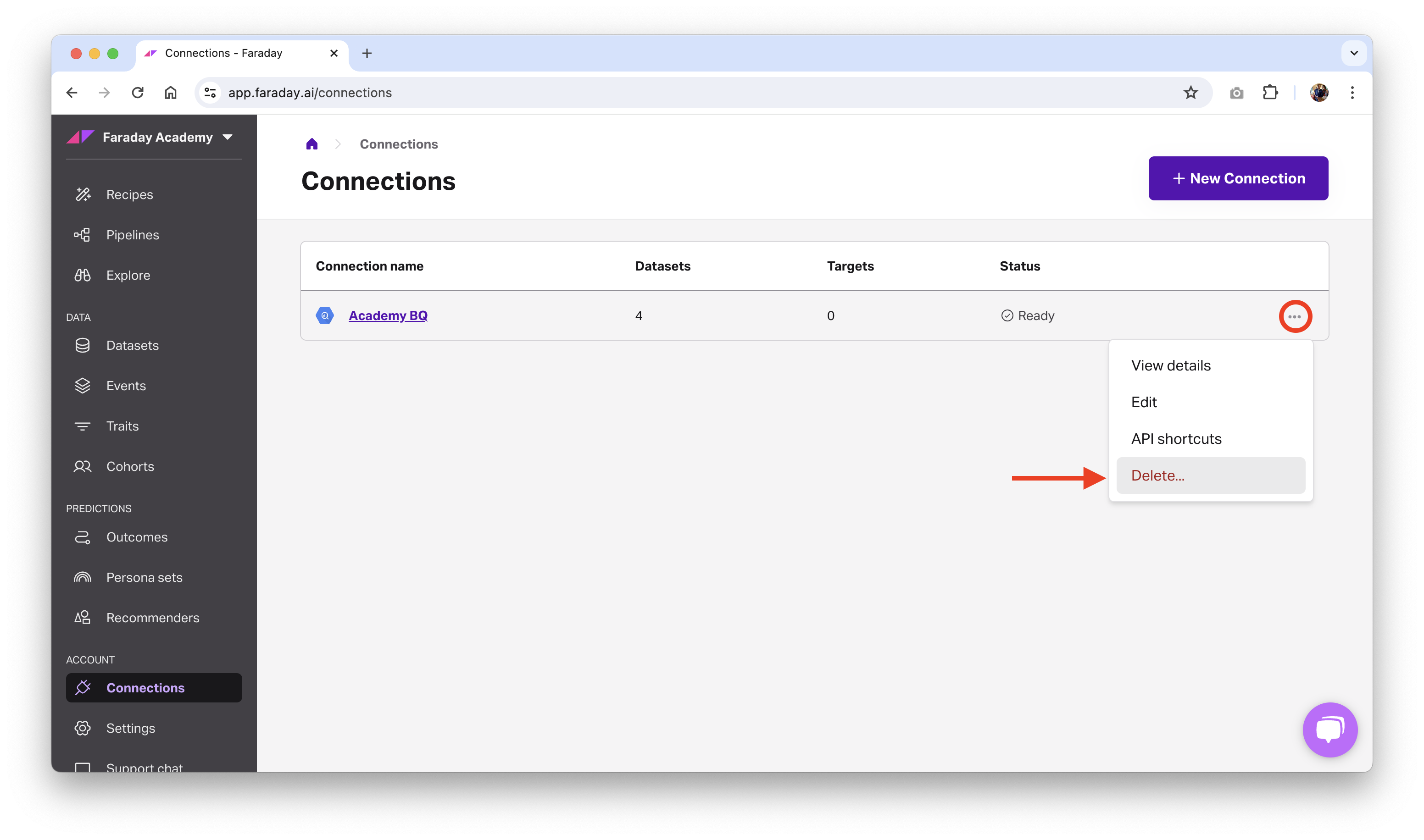 Screenshot of deleting a connection