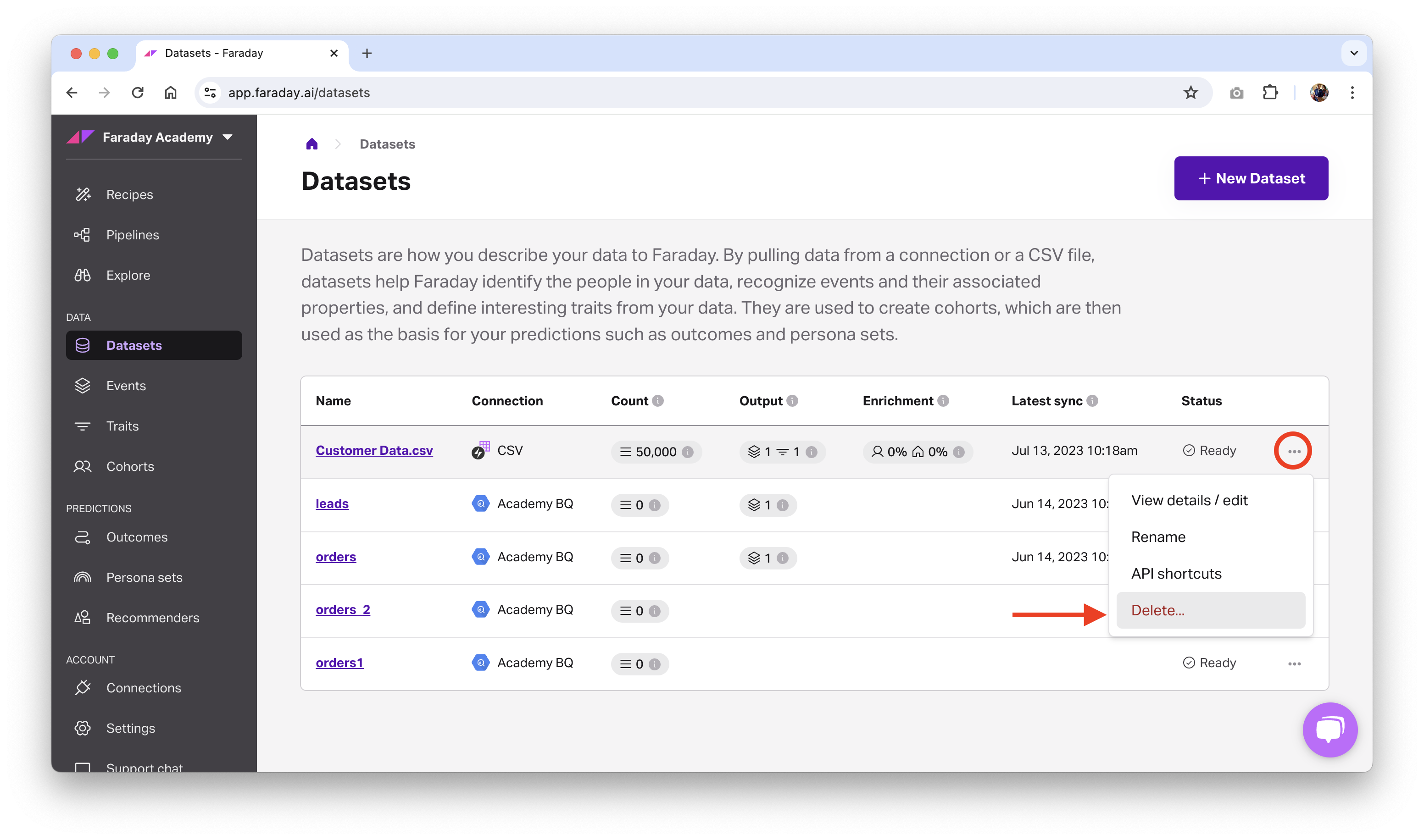 Screenshot of deleting a dataset