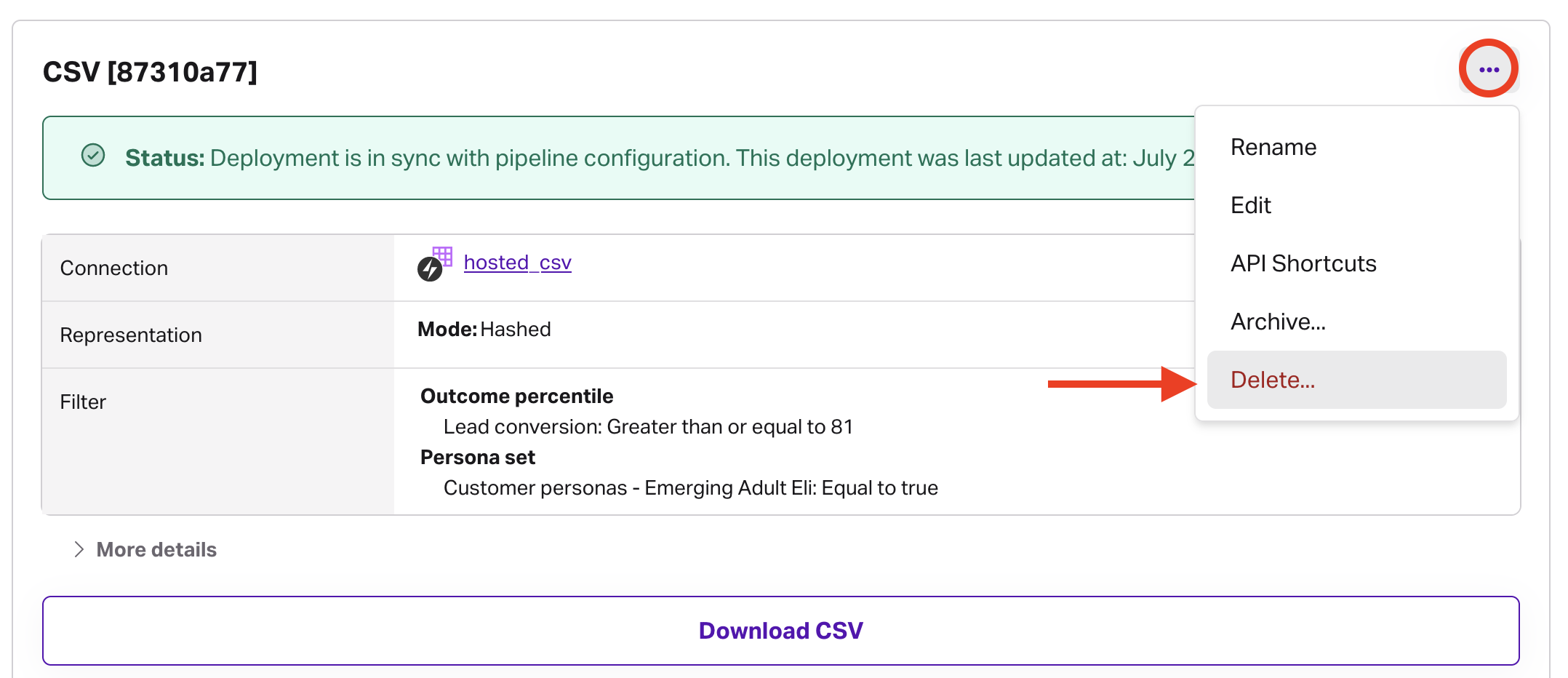 Screenshot of deleting a deployment