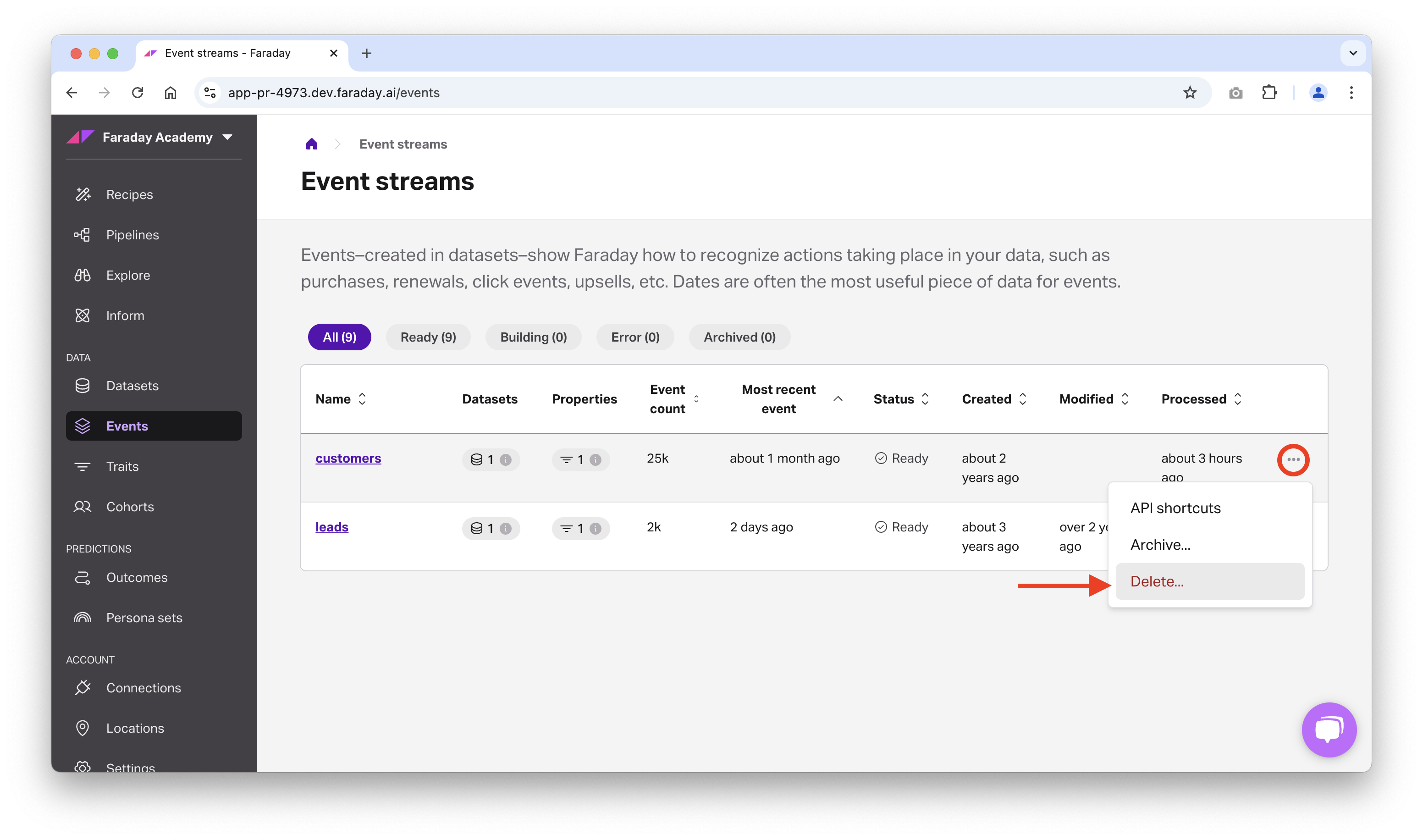 Screenshot of deleting an event