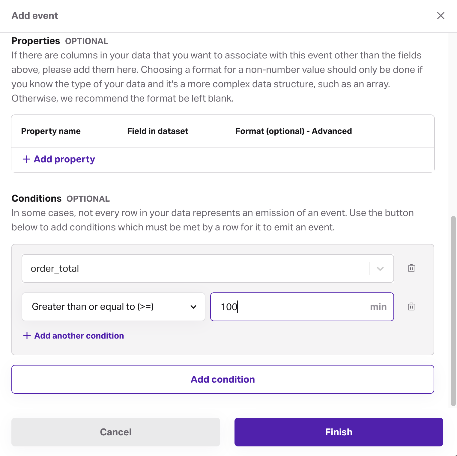 Screenshot of adding an event condition