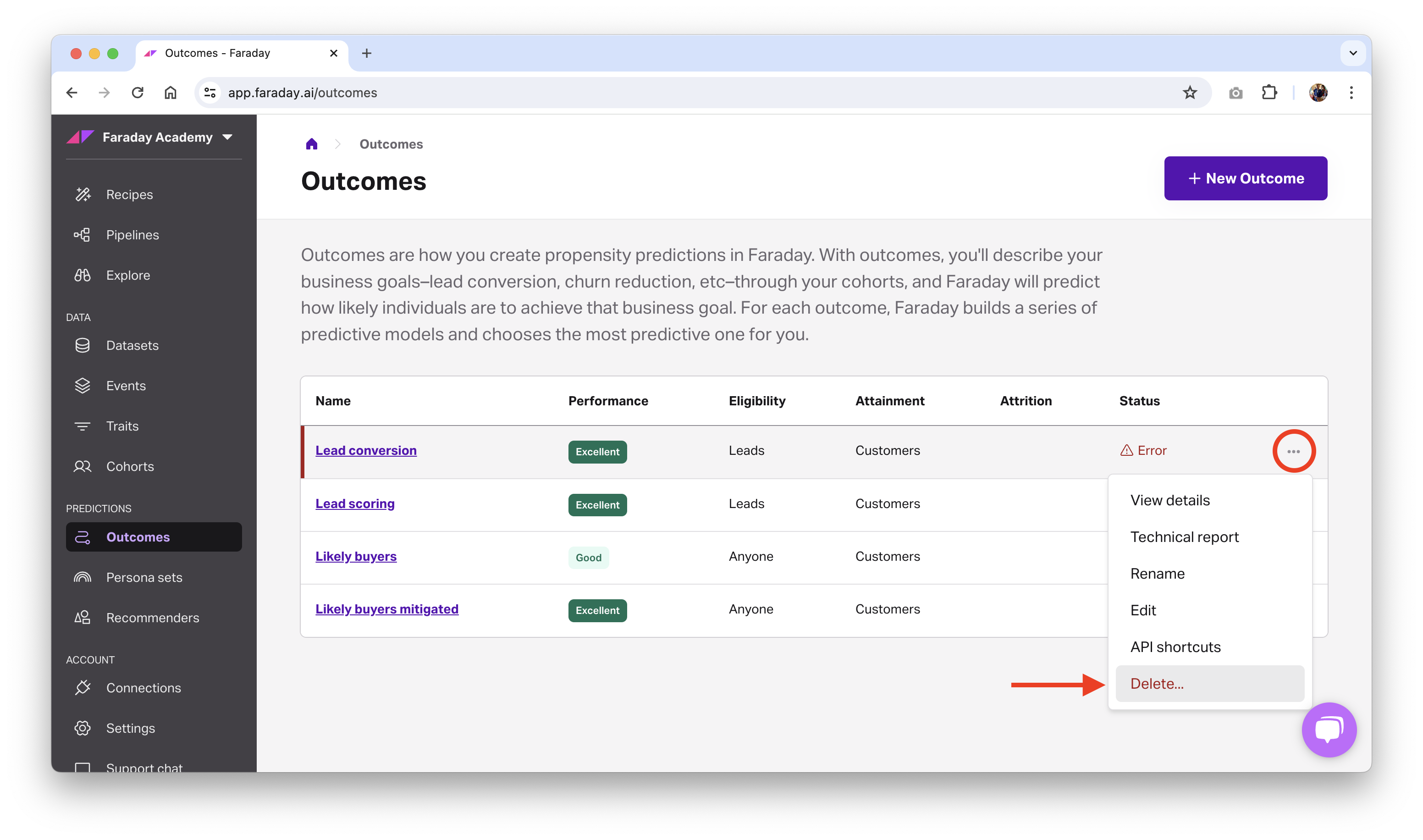 Screenshot of deleting an outcome