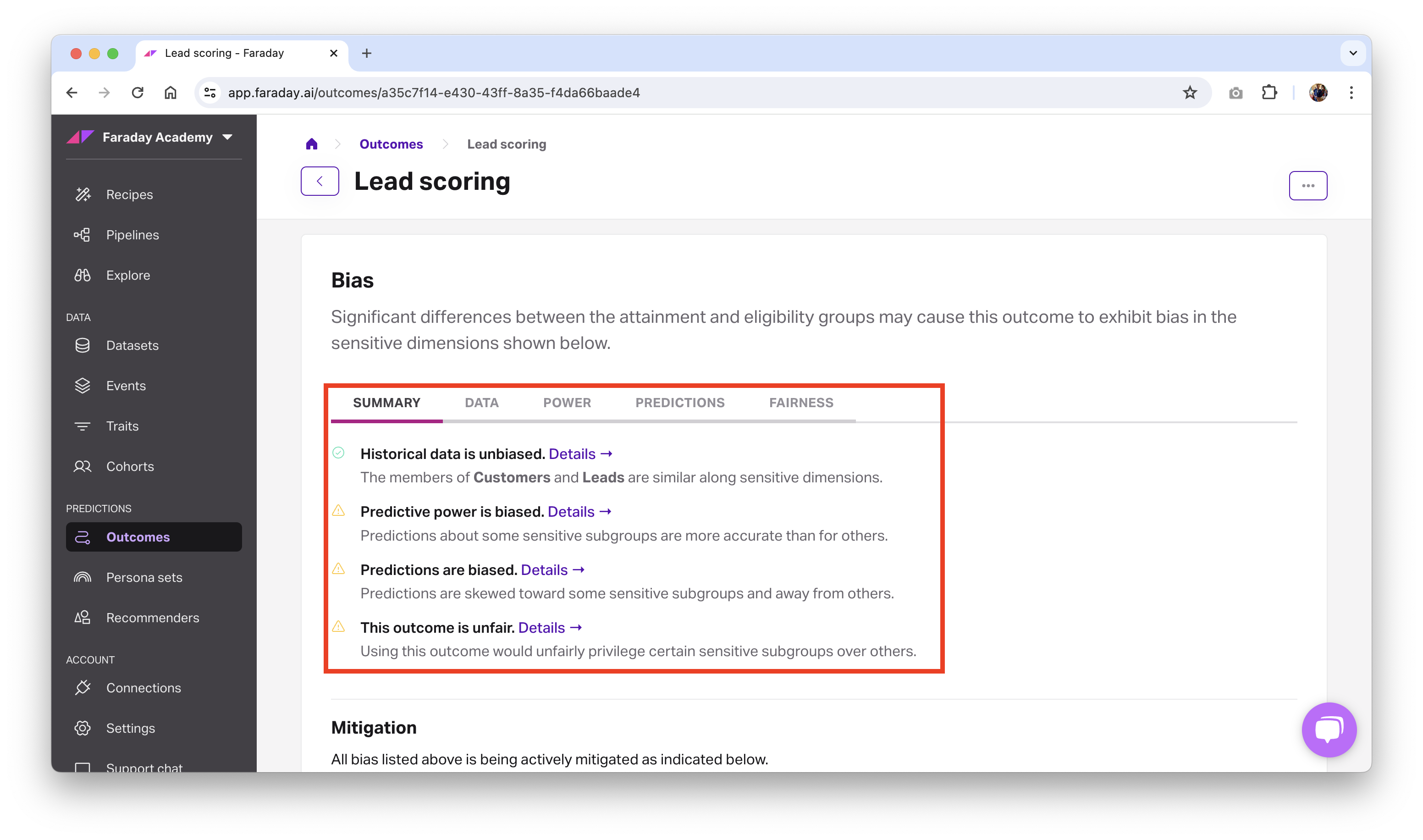 Screenshot of an outcome's bias summary