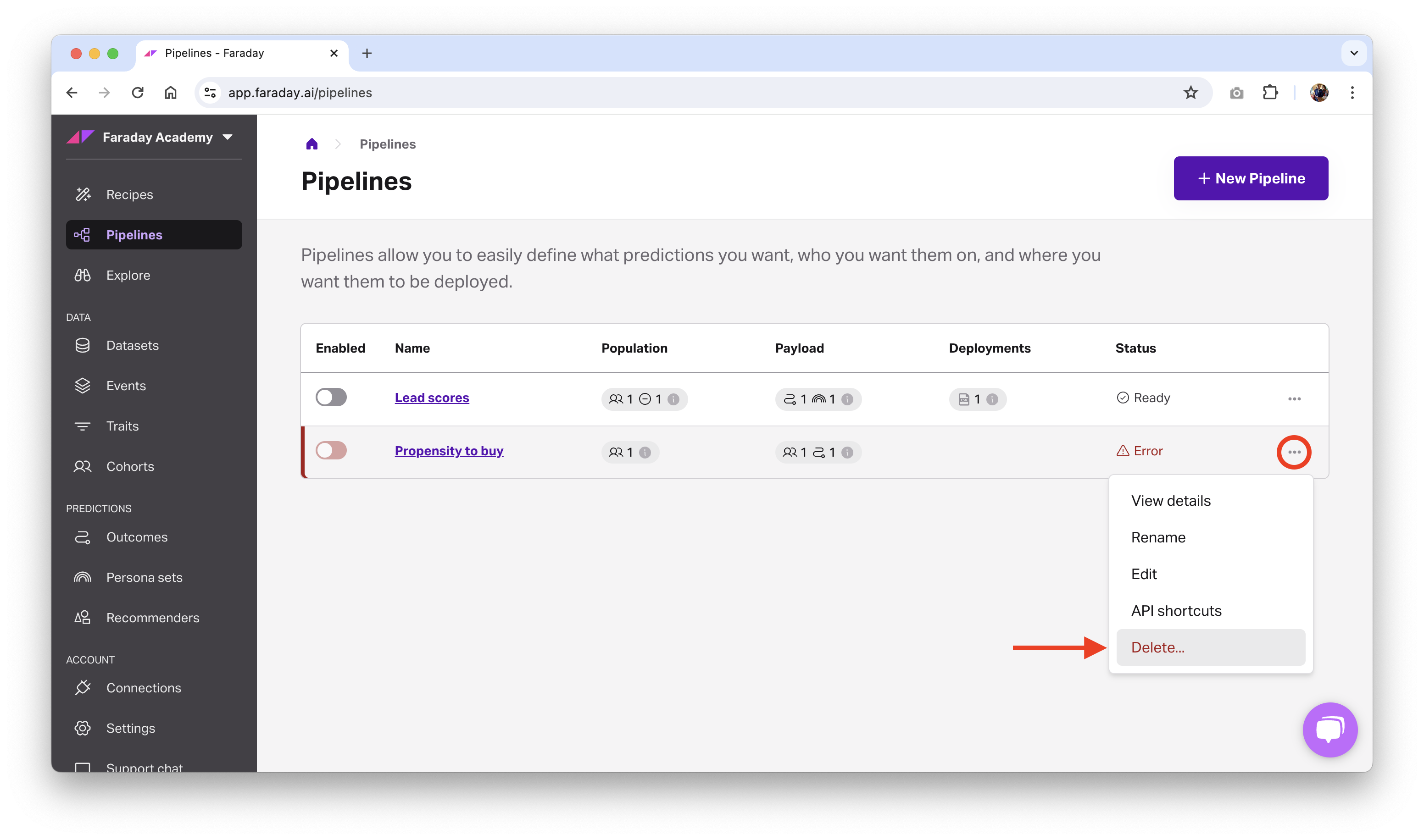 Screenshot of deleting a pipeline