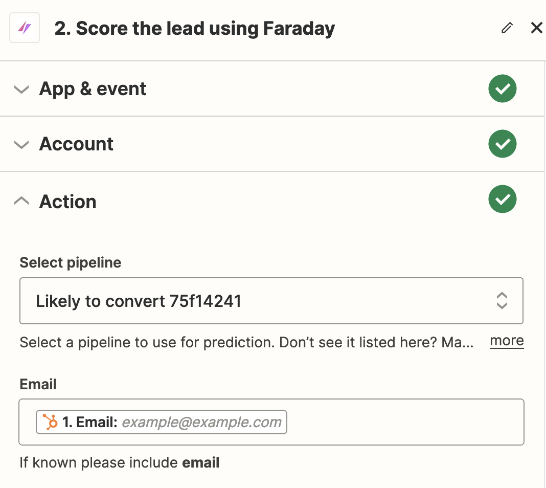 Zapier Faraday settings for "Score new leads in HubSpot with Faraday"